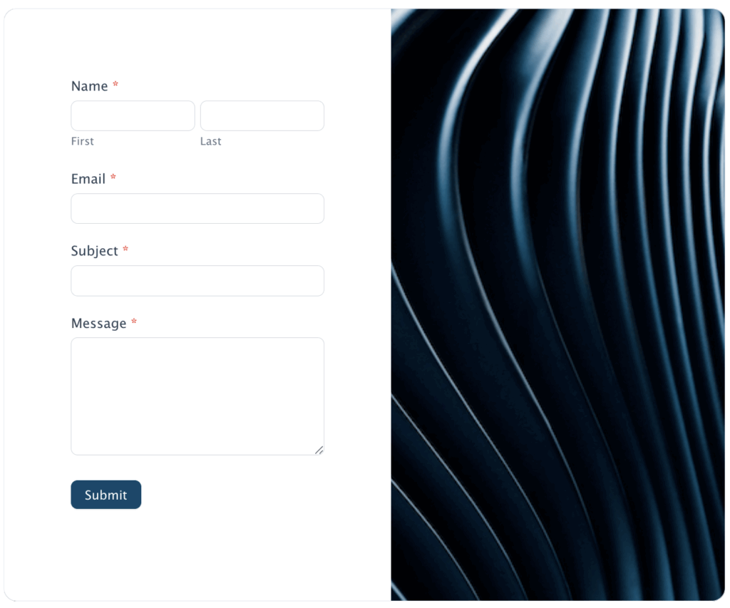 Formidable Forms Modern Minimalist Style - Split CSS layout with deep blue accent colors.