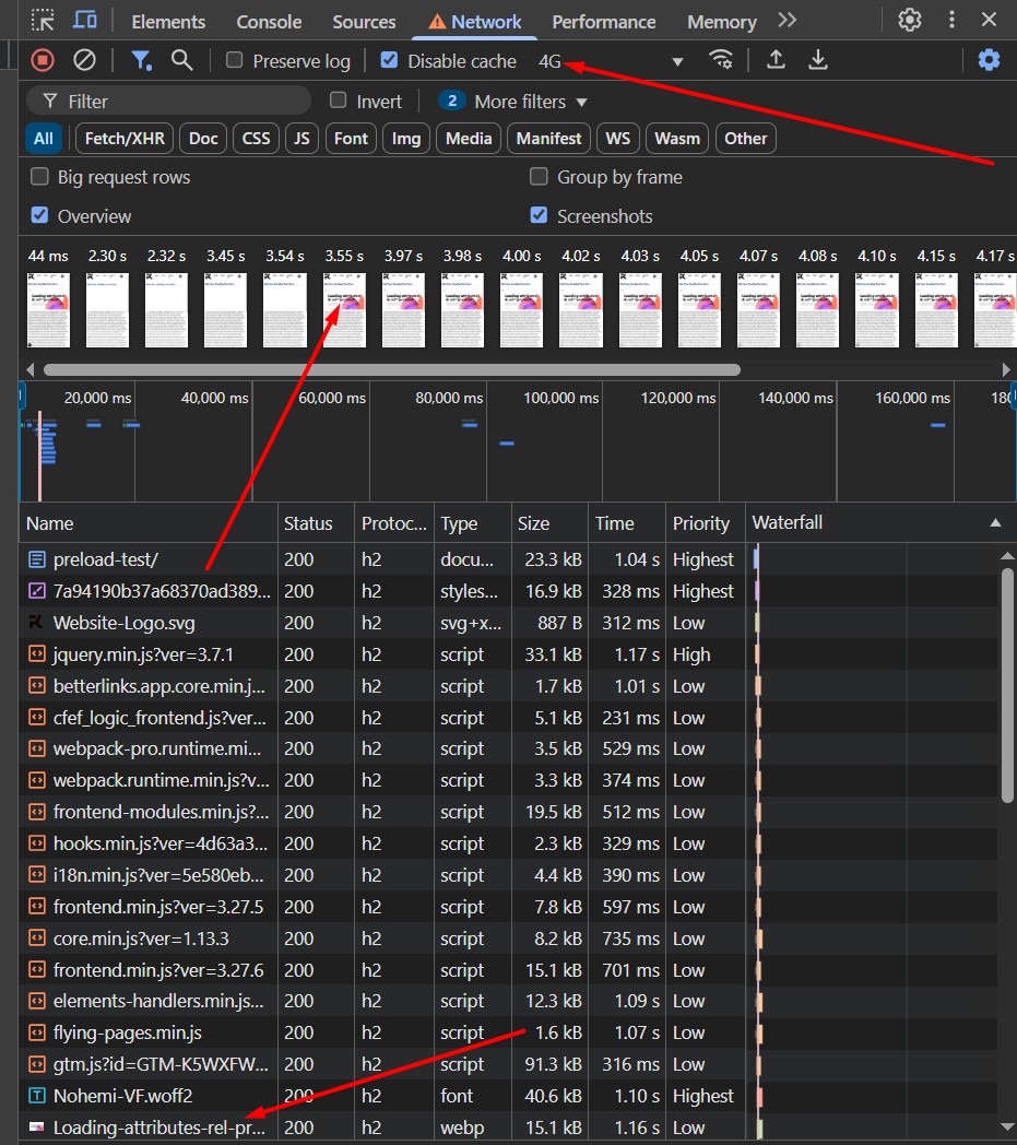 Chrome Developer Tools - waterfall - Screenshot with custom 4G connection