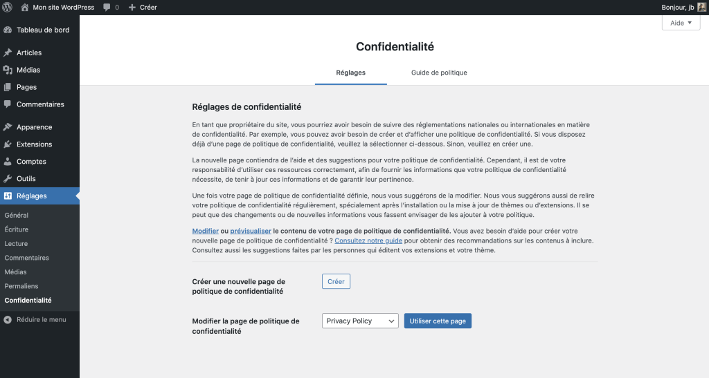 Capture d’écran montrant l’écran Confidentialité comportant les deux onglets Réglages et Guide de politique