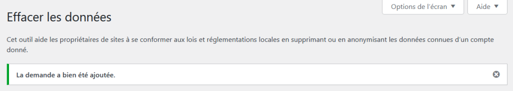 Capture d’écran montrant la notification qu’une demande a bien été ajoutée