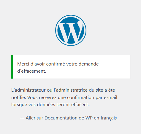 Capture d’écran montrant le message de remerciement pour la confirmation de la demande