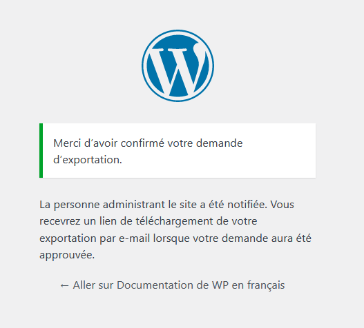 Capture d’écran montrant le message de remerciement pour la confirmation de la demande