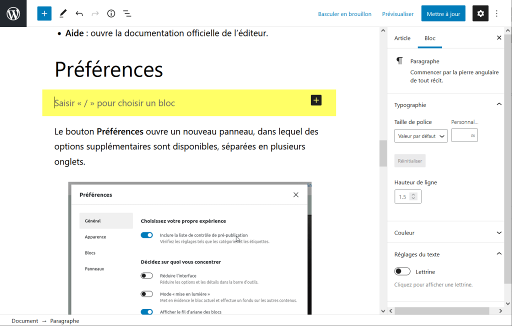 Capture d’écran montrant l’insertion d’un bloc après le bloc sélectionné