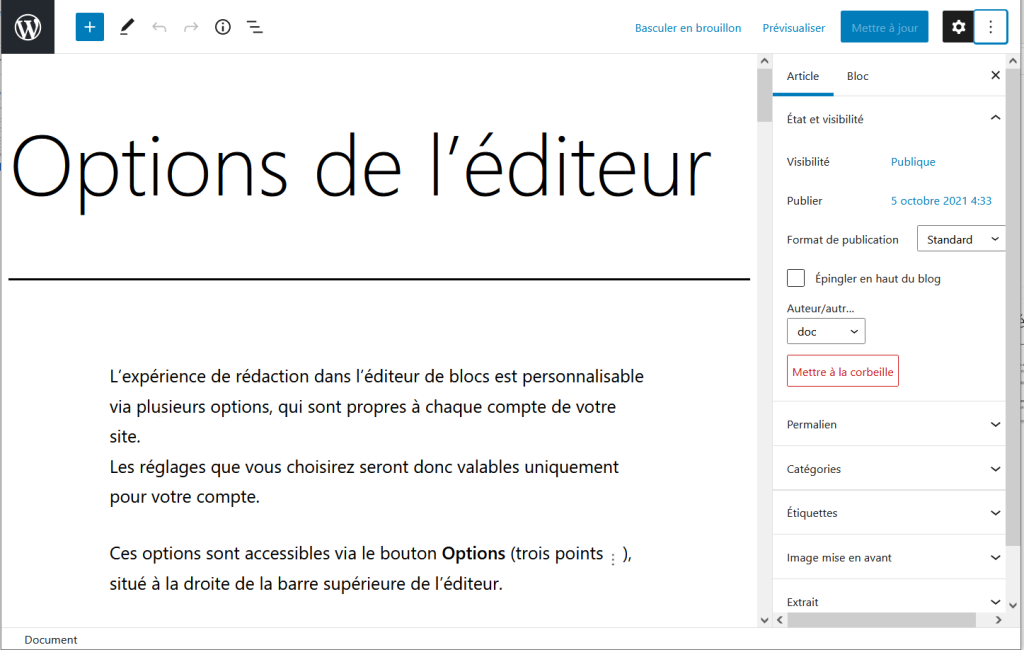 Capture d’écran de l’éditeur en mode plein écran