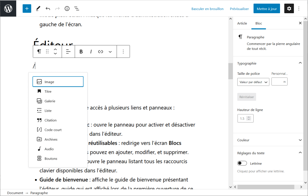 Capture montrant le menu qui permet de choisir un autre type de bloc que le bloc paragraphe