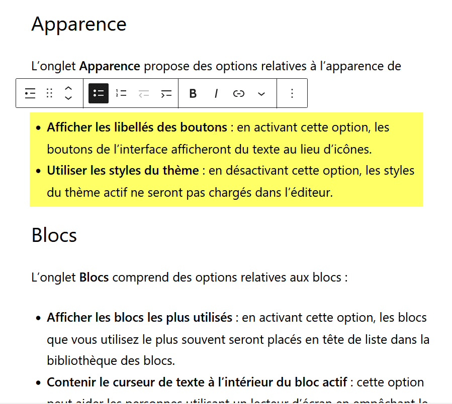 Capture d’écran montrant un bloc de texte sélectionné pour duplication