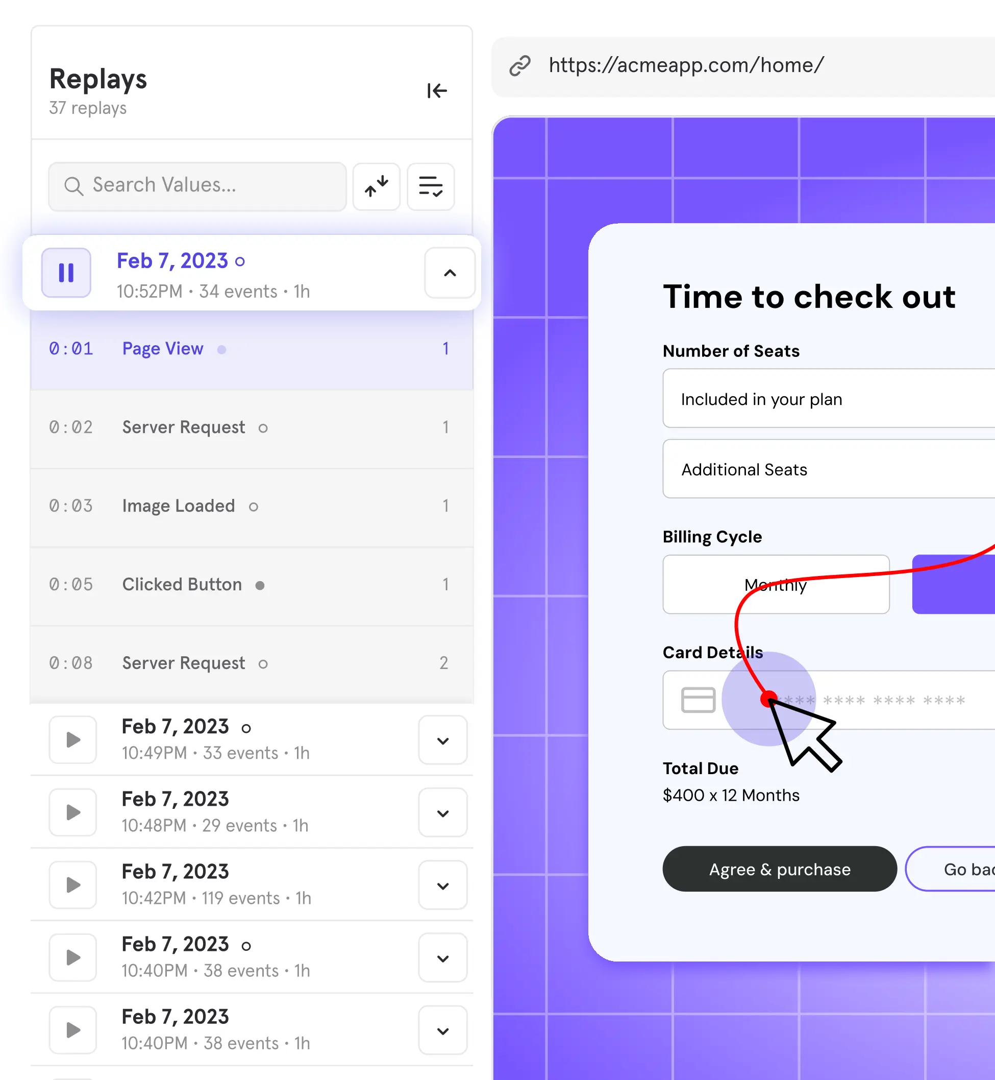 Session replay interface from a digital analytics platform, tracking website user behavior with detailed event timelines for page views, server requests, image loads, and button clicks during the checkout process. The visualization supports customer behavior tracking, mobile conversion funnels, user journey analysis, and website optimization for conversion rate improvement.