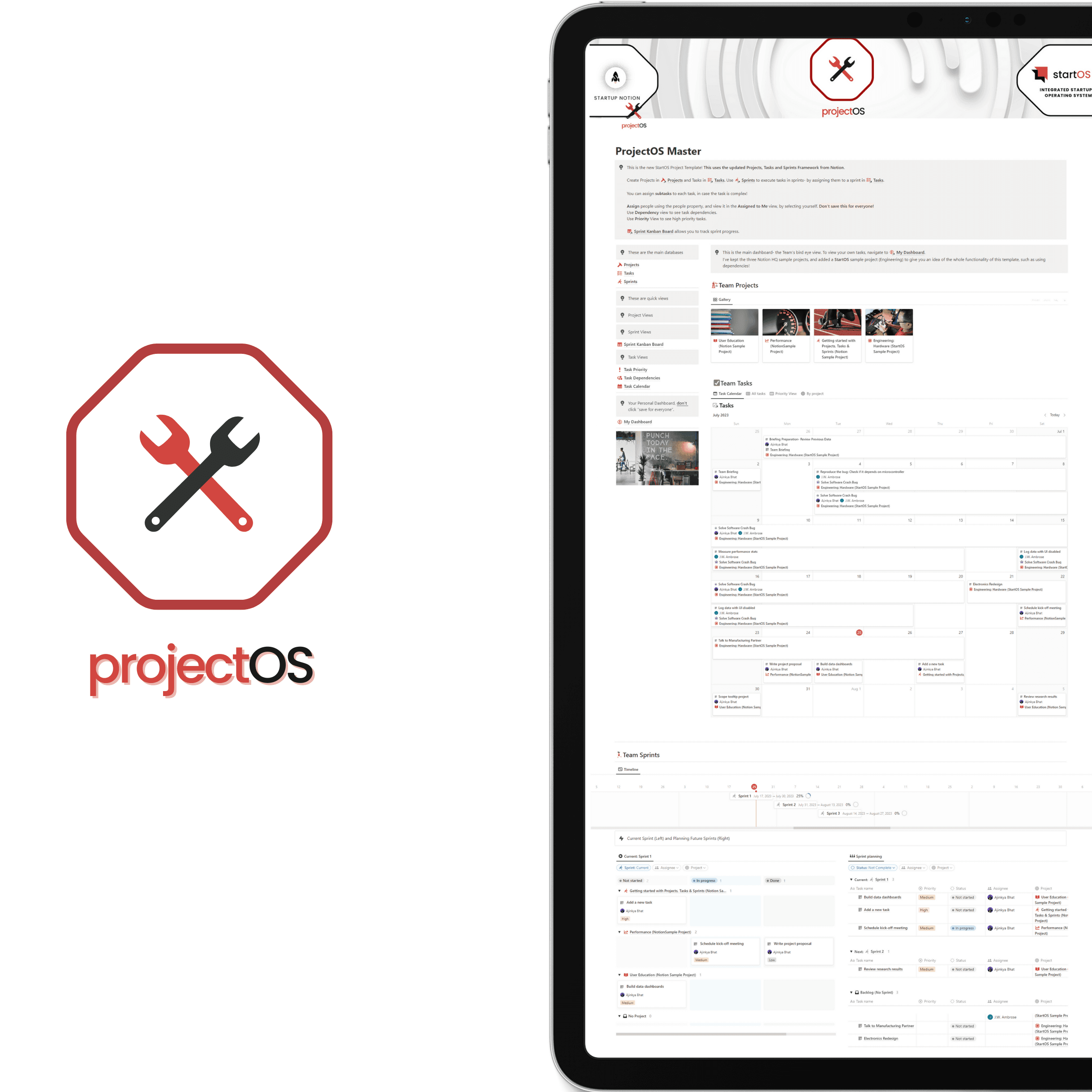 ProjectOS Notion Template on a tablet. Shows internal systems to manage projects, tasks, sprints, timeline views and task dependencies, as well a personal dashboards for each team member.