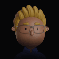 3D avatar of a person with blonde spiky hair and glasses, on a black background.