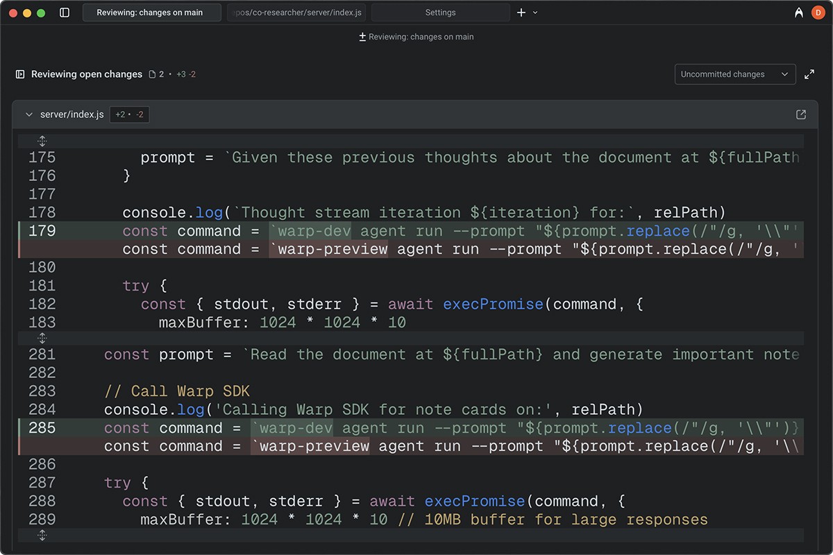 Warp IDE code editor showing JavaScript code with agent commands and prompt variables for development tasks.