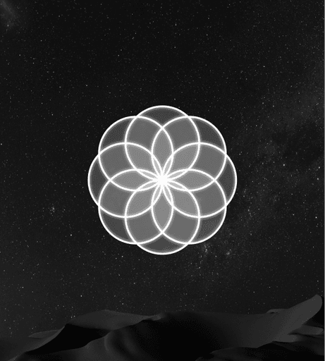 Monochrome landscape with a glowing geometric flower-of-life shape hovering above the terrain.