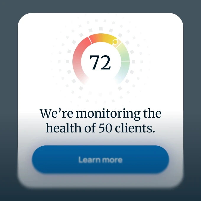 Dashboard with a health score of 72 & the message