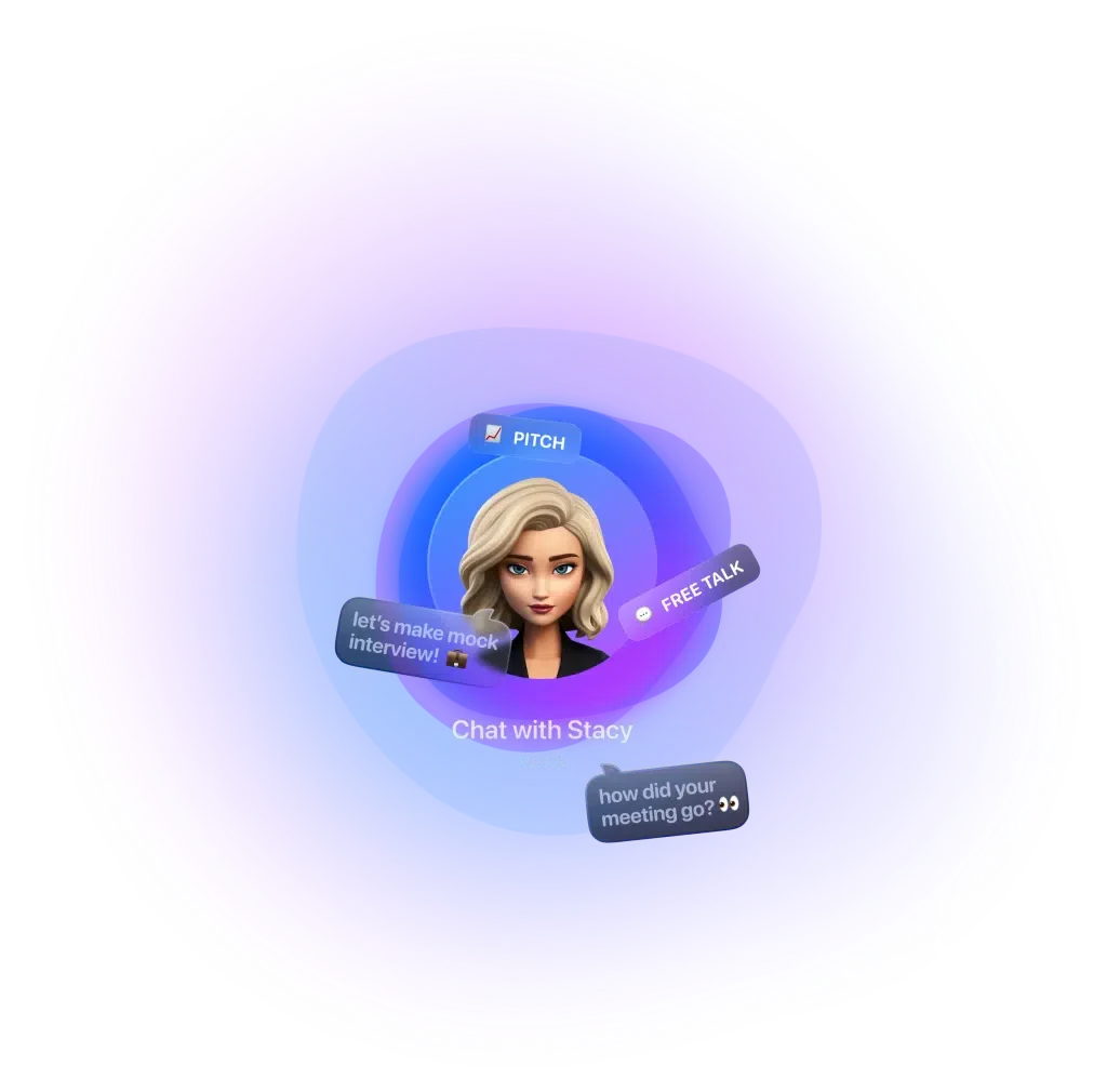 Fluently AI English tutor Stacy with speaking practice modes: pitch, free talk, and interview prep