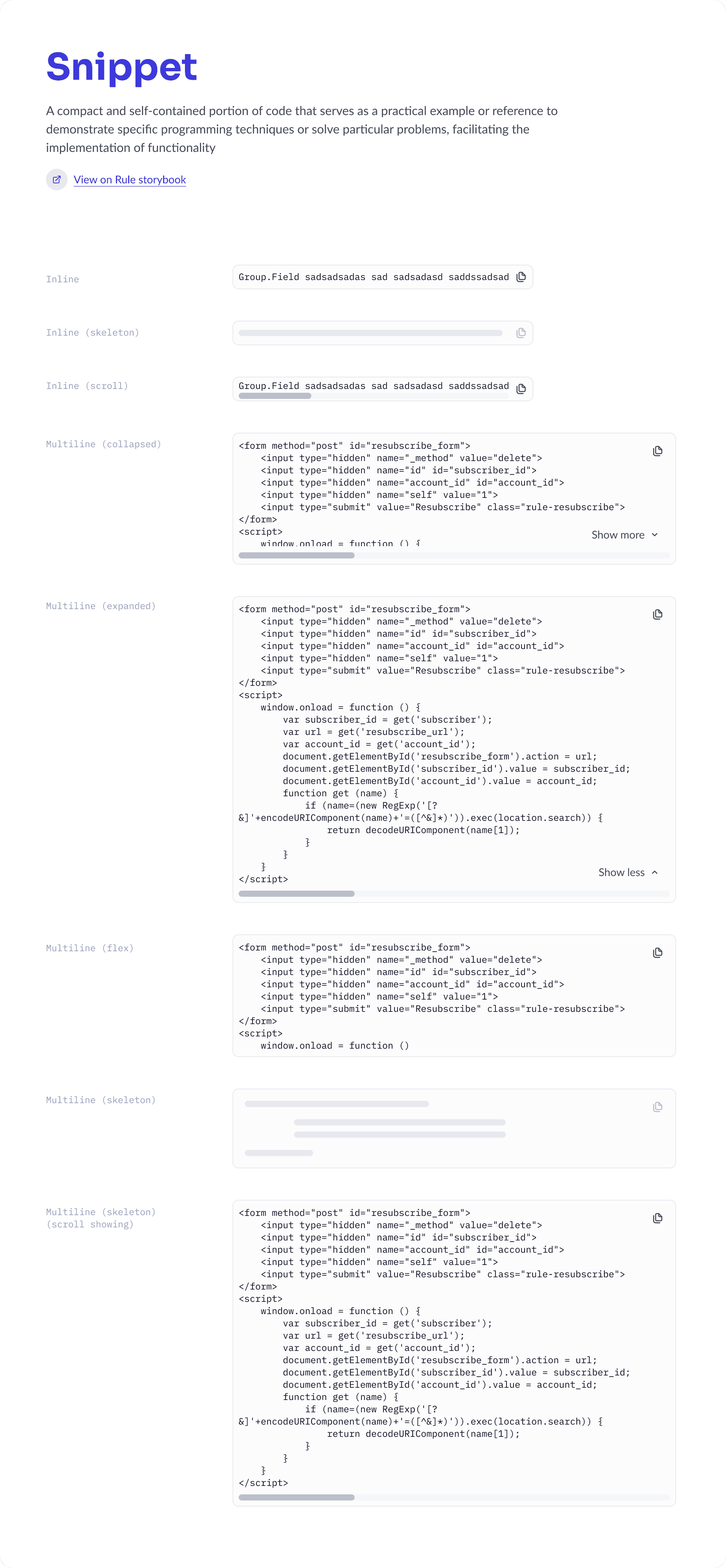 Code Snippet component of the design system in Figma