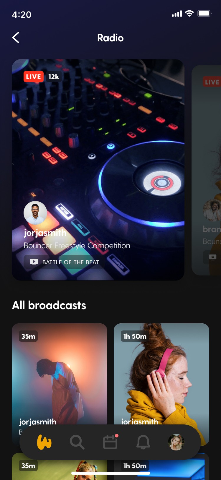 A mobile app screen displaying a live radio streaming session with a DJ performing, a list of broadcasts, and a “LIVE” badge showing listener count.