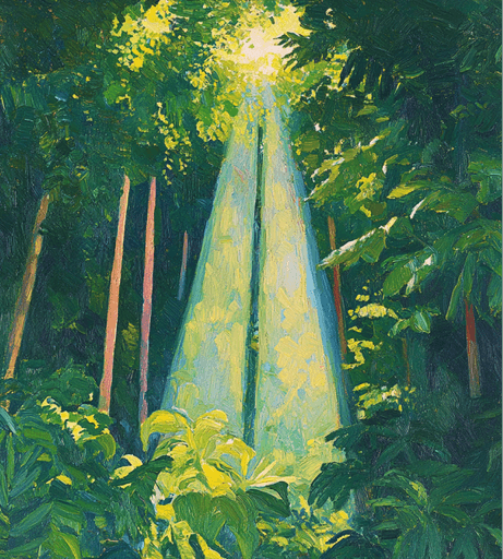 Stylized digital forest scene with sunlight beaming through trees