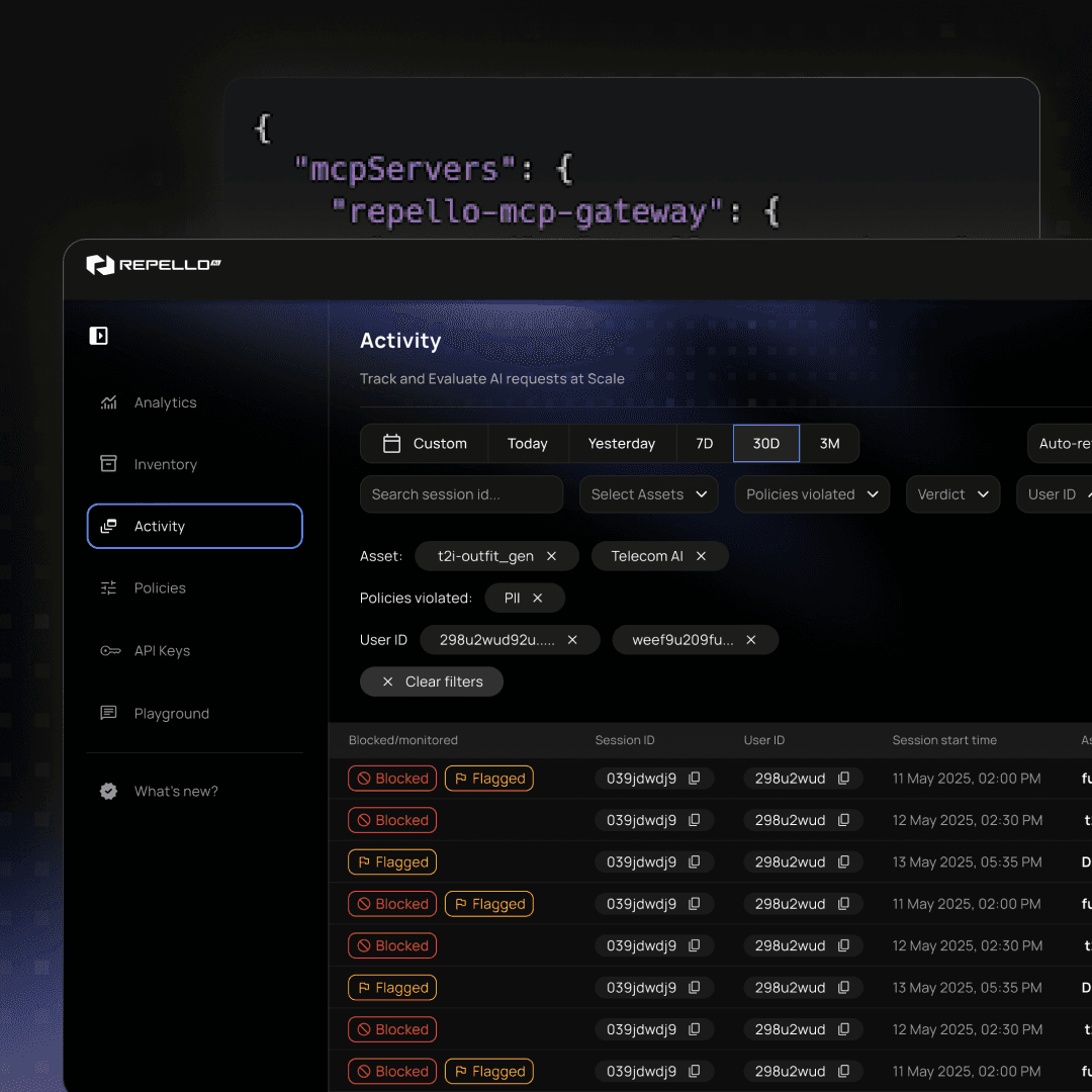 MCP Gateway security audit log displaying blocked malicious connections and real-time activity tracking for enterprise compliance.