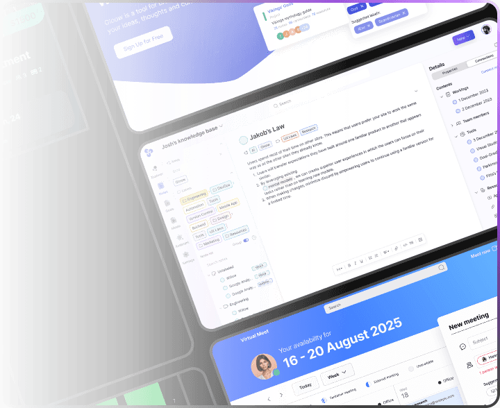 Apollo Studio product design work across knowledge management, scheduling, analytics, and SaaS interfaces