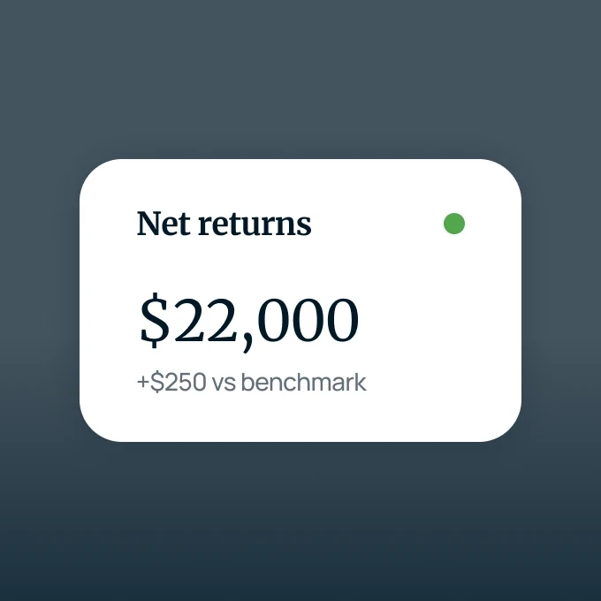 Investment net returns card displaying $22