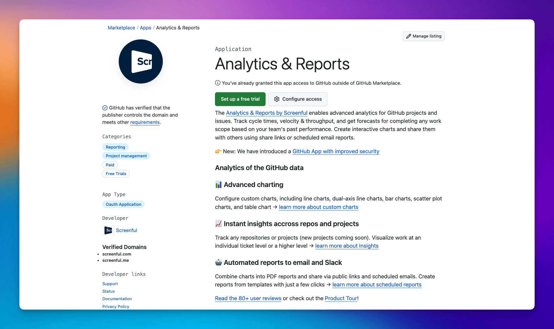 Install Screenful via GitHub Marketplace