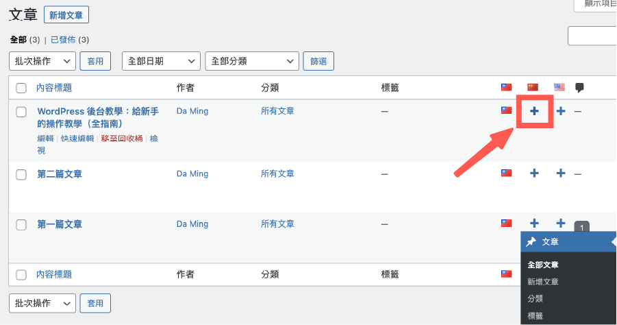 Polylang教學 :新增其他語系的文章