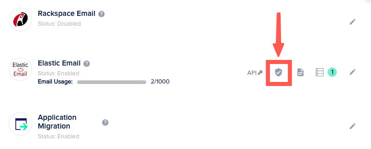 Cloudways教學 :找到 Elastic Email,點擊「 防護盾 」圖示