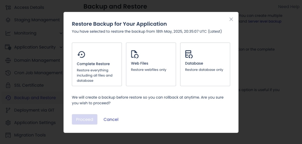 還原的資料類型(全部還原 / 網站檔案 / 資料庫)