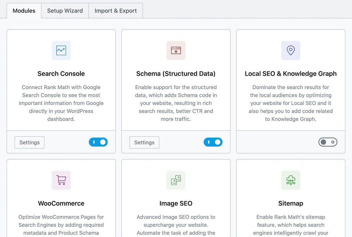 WordPress SEO 外掛「 Rank Math 」的首頁,多功能面板