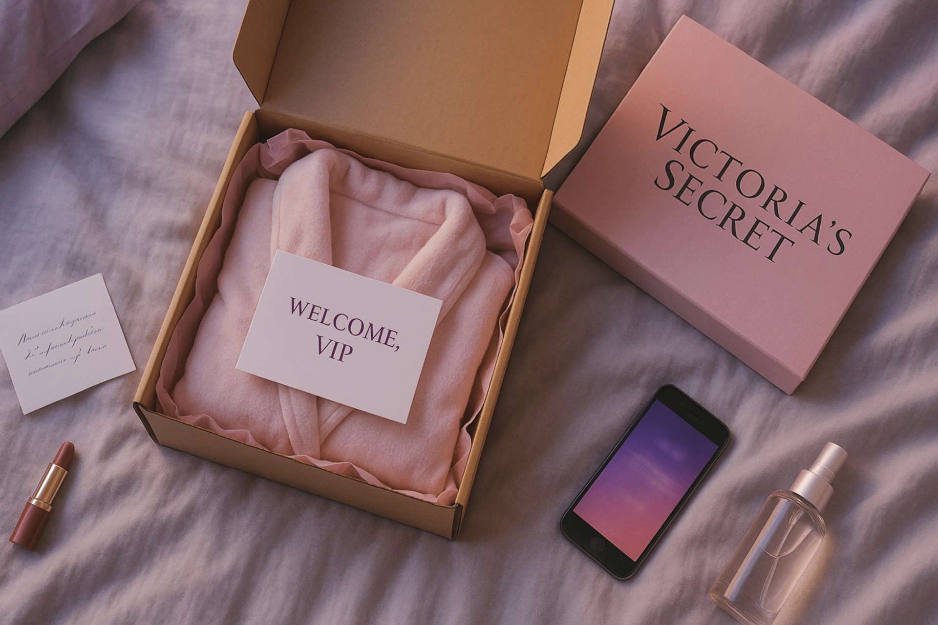 A robe lays in box on a bed. The card says "Welcome, VIP".