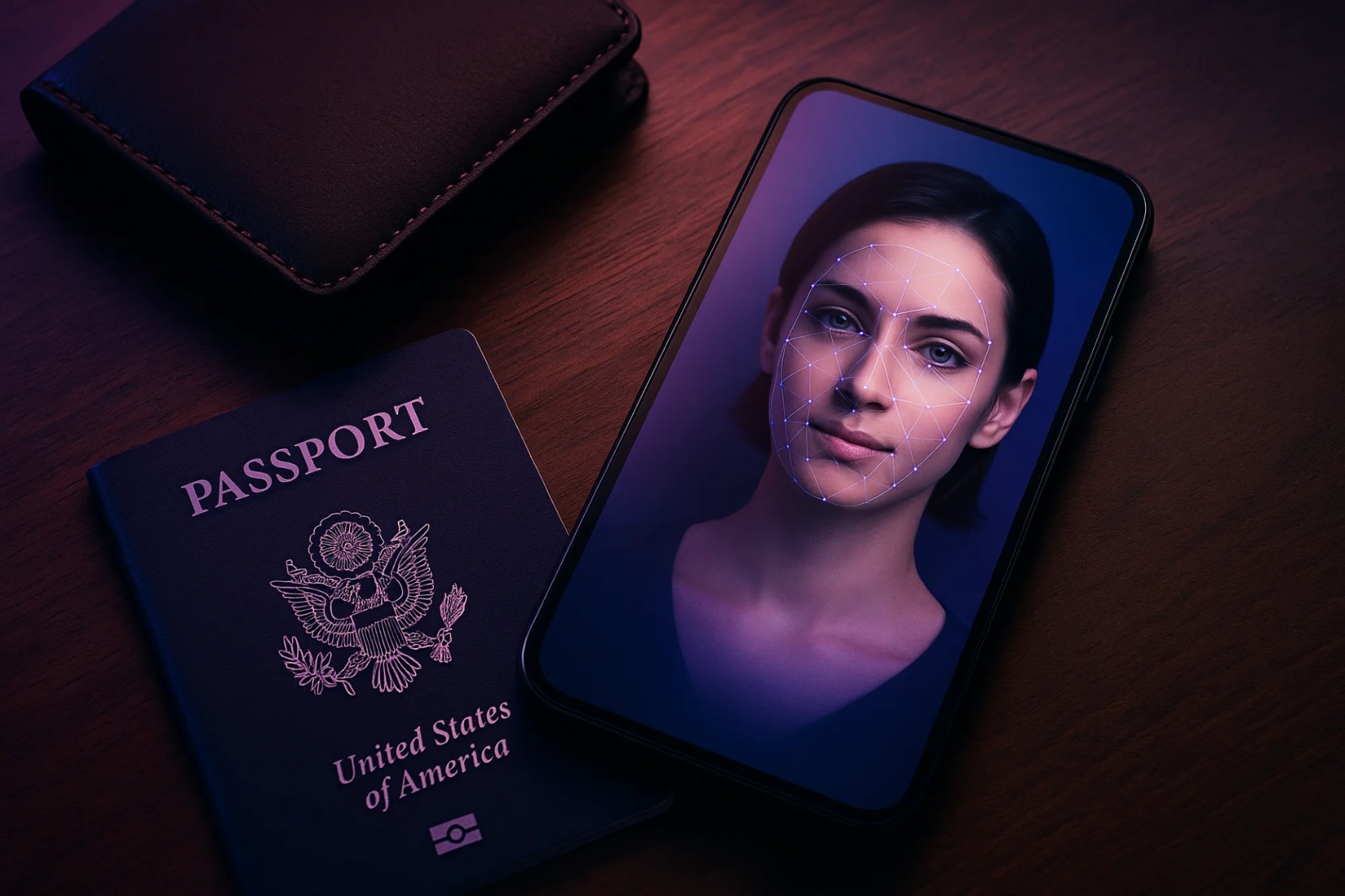 A phone shows a biometric face scan, laying on a desk next to a passport and wallet.