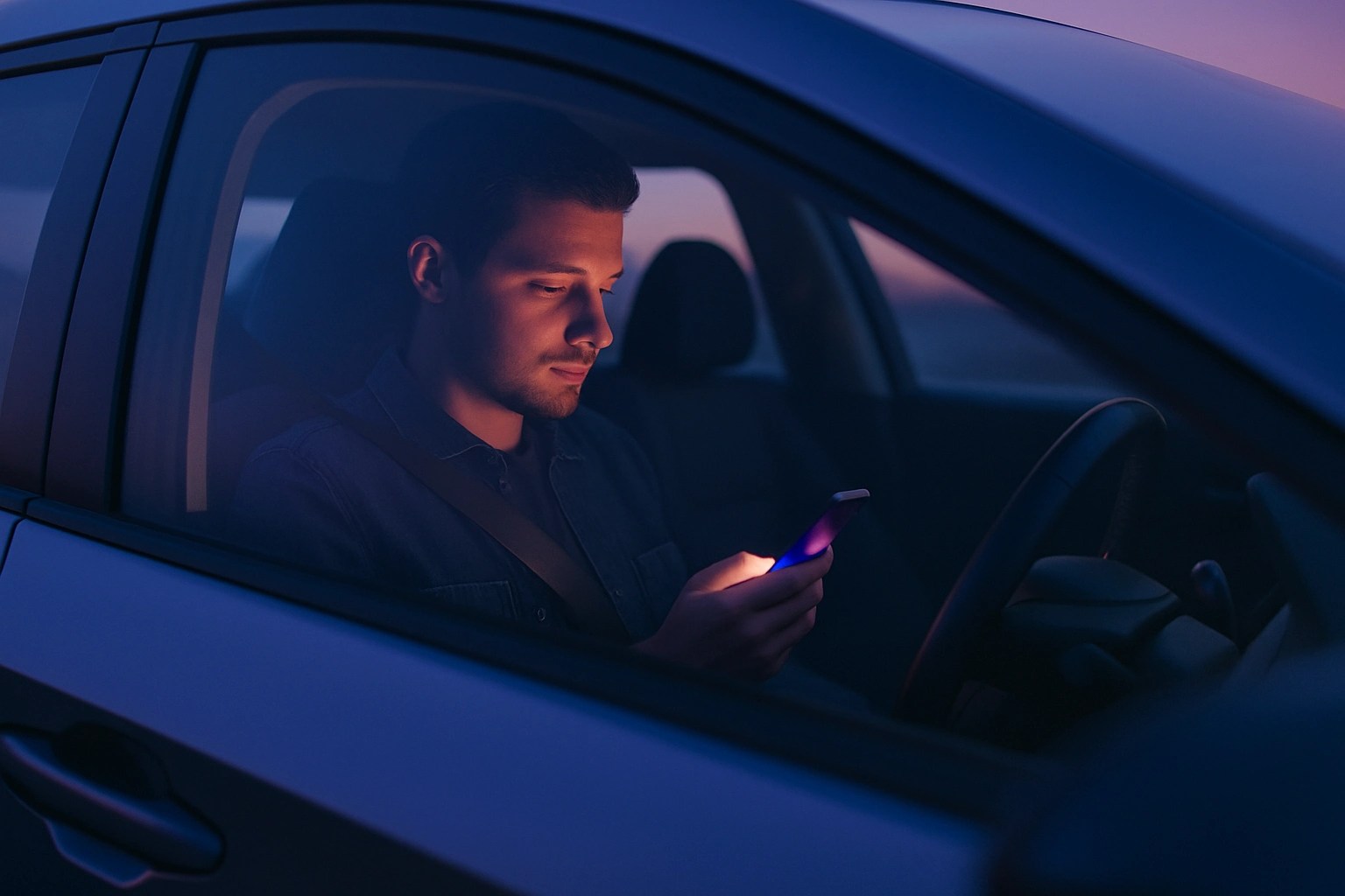 A man sits in his car on his phone, the screen glowing hues of purple.