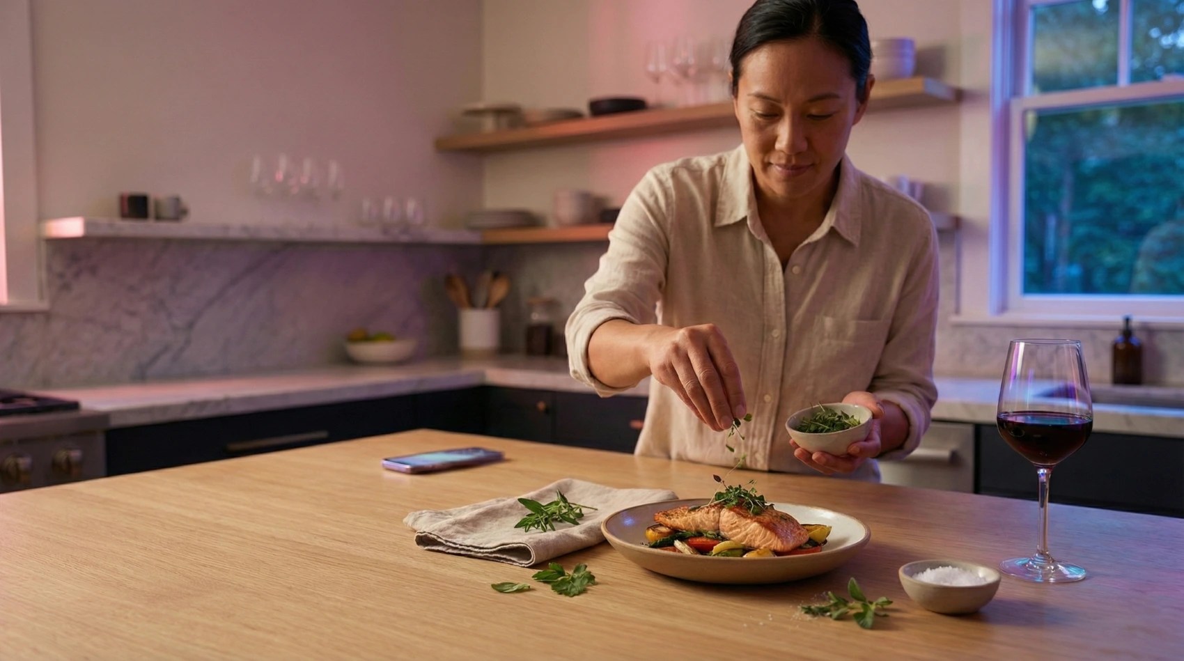 A woman sprinkles the finishing touches on a home cooked meal. Her phone is lit up and laid on the counter.