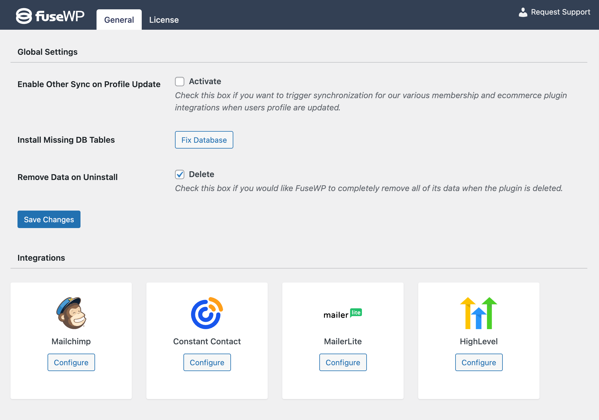 FuseWP integrations settings page