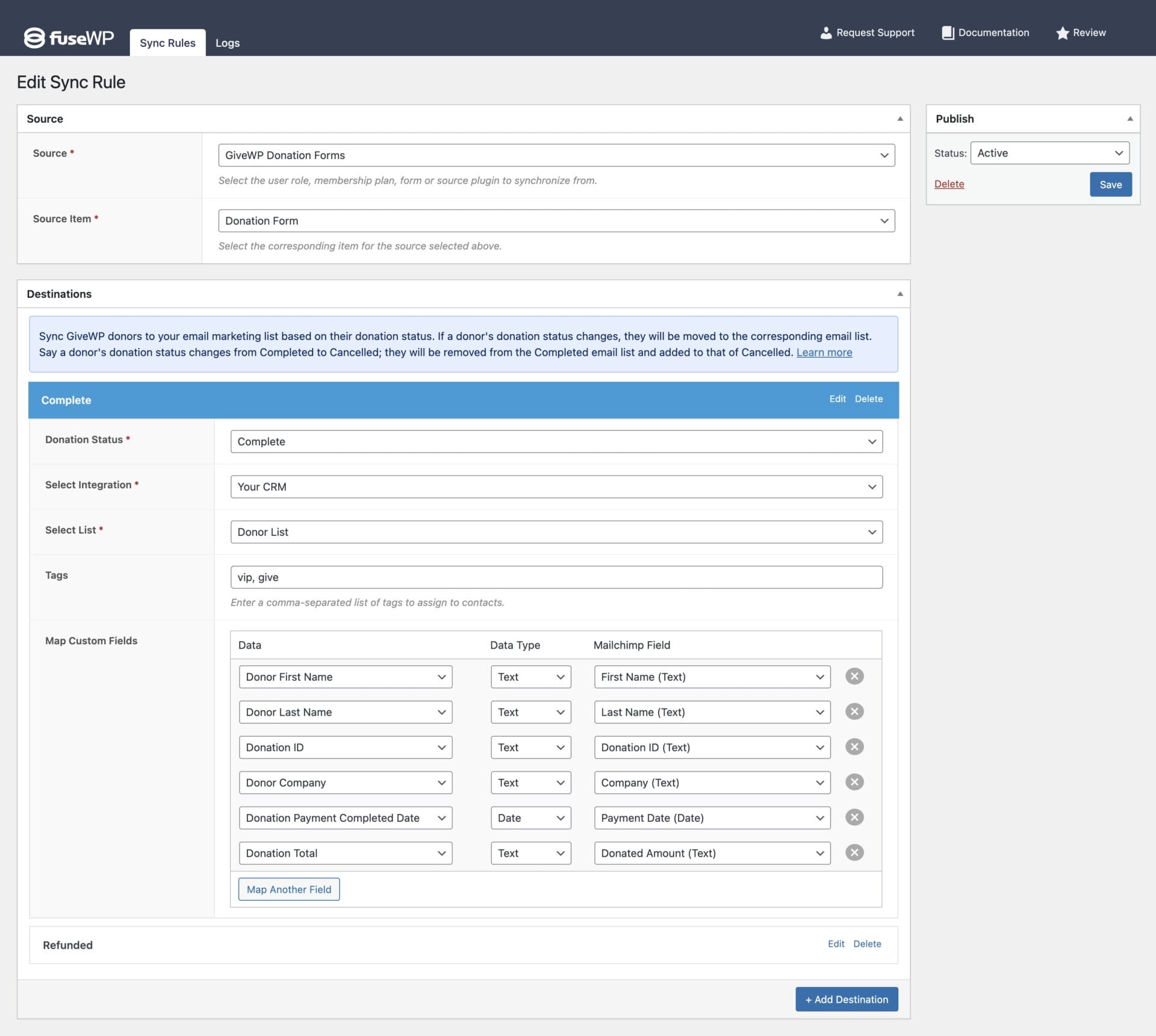 Sync GiveWP donors based on purchased donation form