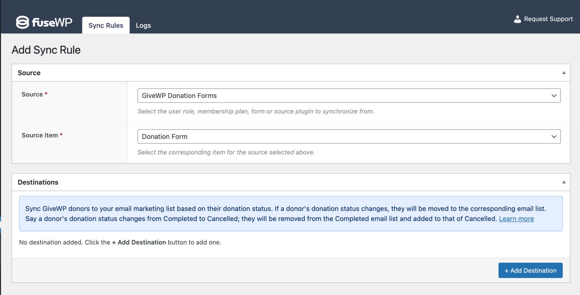 Create sync rule for GiveWP in FuseWP