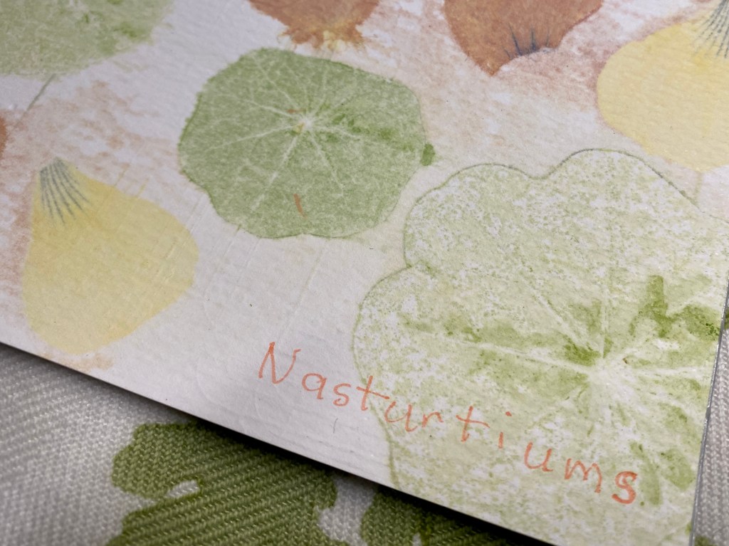 A textured background featuring watercolor illustrations of nasturtium leaves in various shades of green, with handwritten text 'Nasturtiums' in a light orange color.