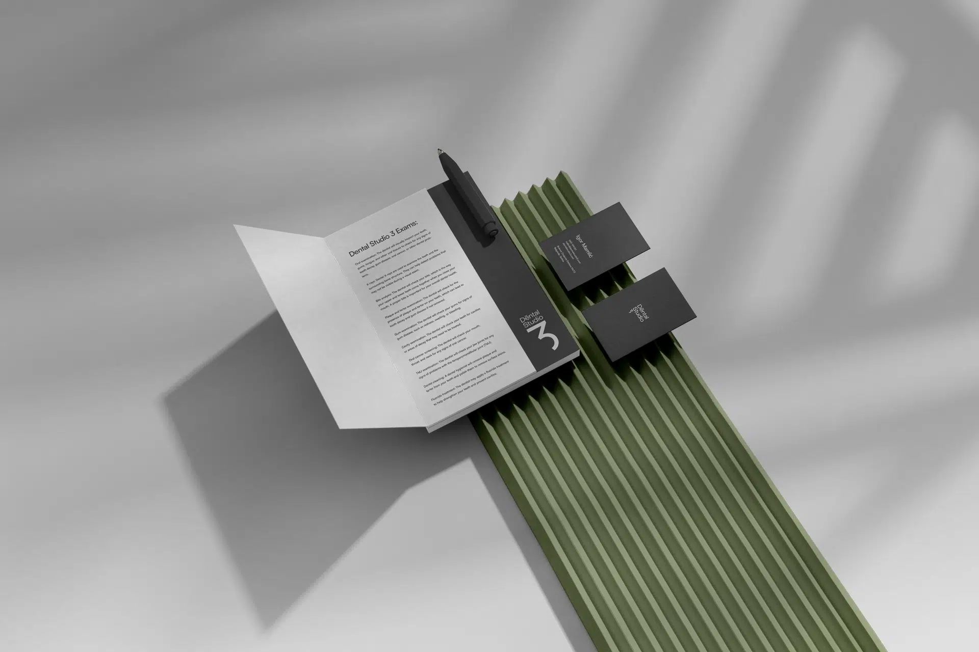 Brand identity for Dental Studio 3 featuring stark black color palette, clean sans-serif typography, and minimalist layout. A visual system that challenges healthcare clichรฉs with clarity and confidence.