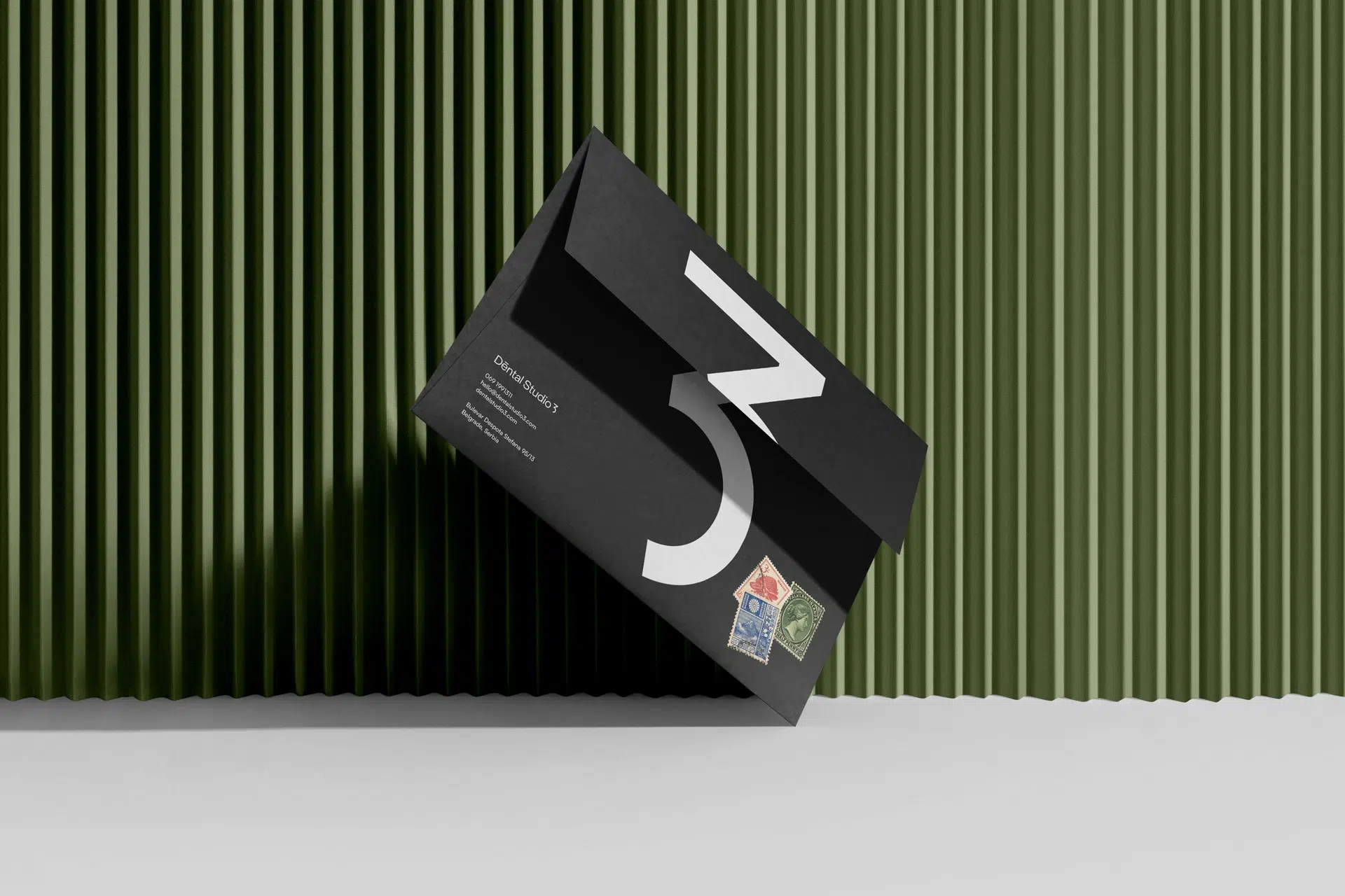 Brand identity for Dental Studio 3 featuring stark black color palette, clean sans-serif typography, and minimalist layout. A visual system that challenges healthcare clichรฉs with clarity and confidence.