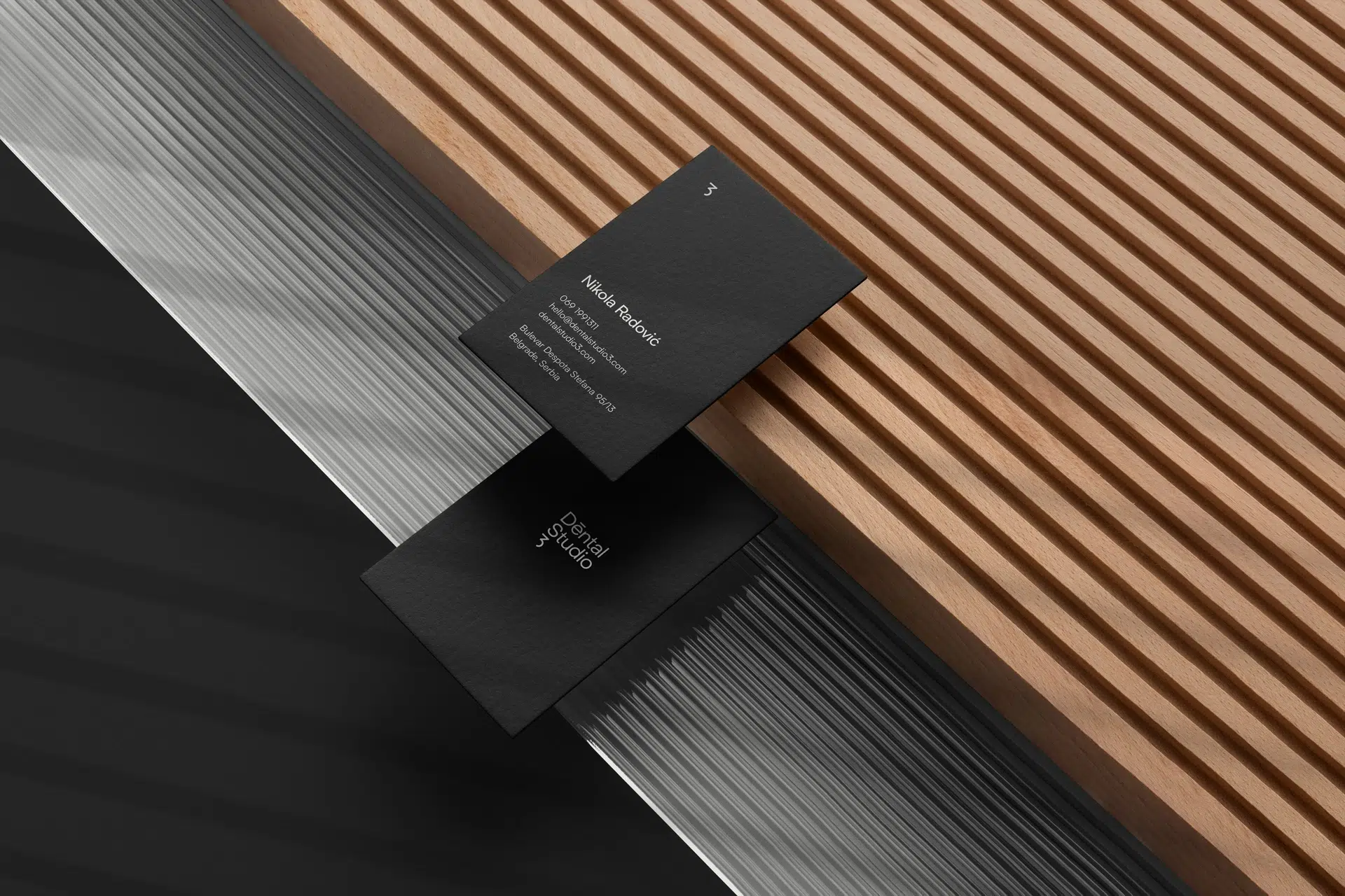 Brand identity for Dental Studio 3 featuring stark black color palette, clean sans-serif typography, and minimalist layout. A visual system that challenges healthcare clichรฉs with clarity and confidence.