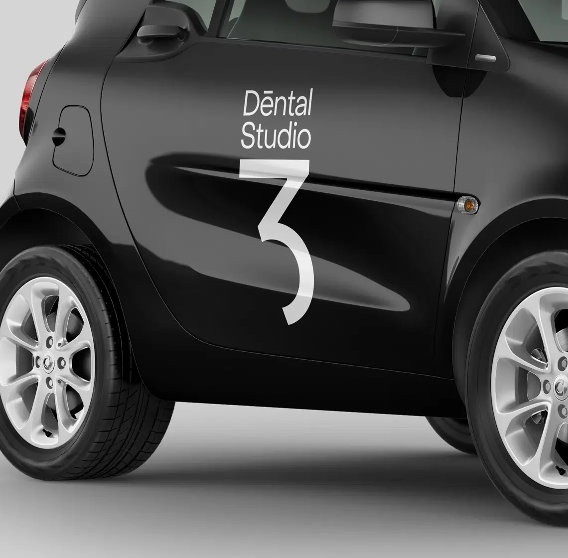 Brand identity for Dental Studio 3 featuring stark black color palette, clean sans-serif typography, and minimalist layout. A visual system that challenges healthcare clichรฉs with clarity and confidence.