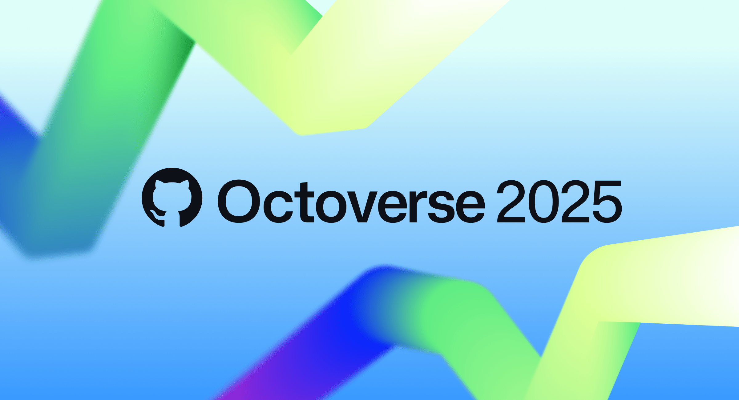 A vibrant abstract background with overlapping green, blue, and purple gradient ribbons behind the text ‘Octoverse 2025’ and the GitHub logo.