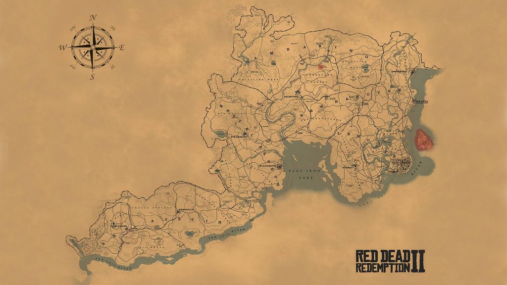 map of the game Red Dead Redemption 2, showing the various locales