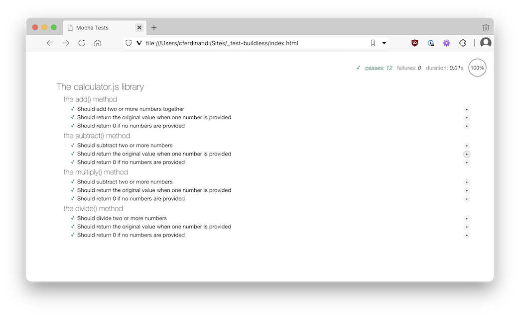 A screenshot of JavaScript test results in the browser using Mocha and Chai. All tests are passing.