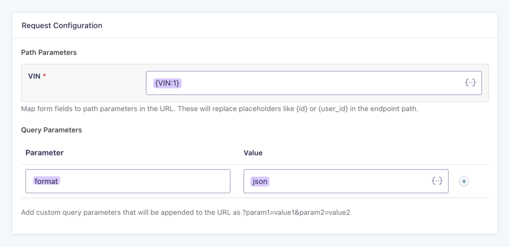 API Alchemist feed settings display the Request Configuration section filled in.
