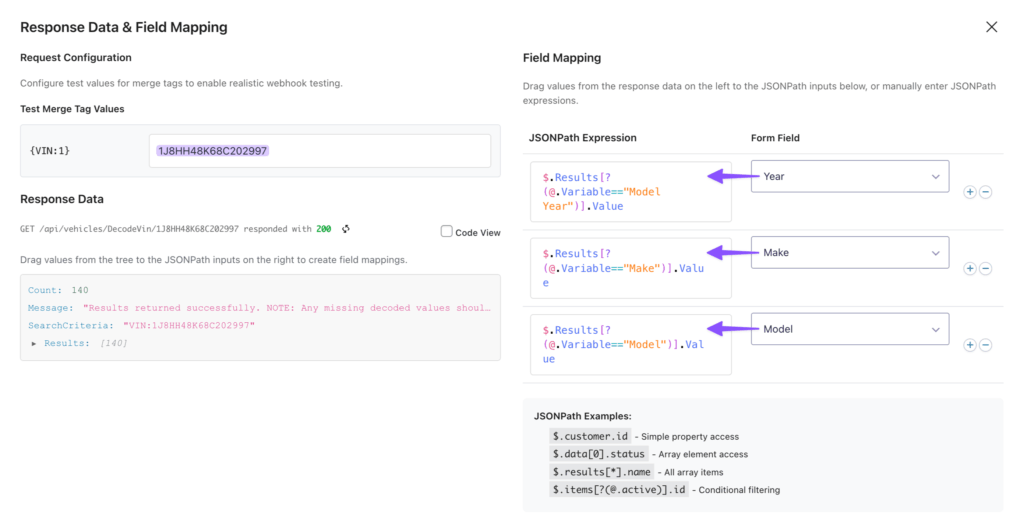 The Response Data and Field Mapping window displays a VIN test number in the input field, and JSONPath filters are added on the right side for the year, make, and model form fields.