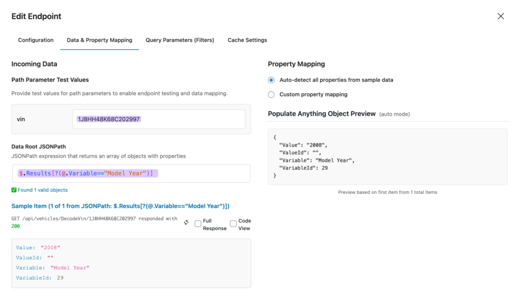 The edit endpoint window displays the data & property mapping tab, with a test VIN value entered, and the root JSONPath filled in.