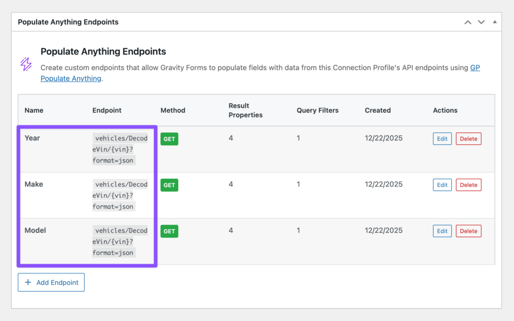 Three endpoints are configured for year, make, and model filters in the Populate Anything Endpoints settings within the API connection profile.