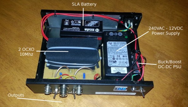 The internals of a home built 10 MHz frequency reference.
