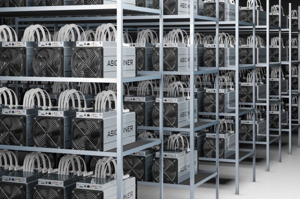 Racks of ASIC mining hardware