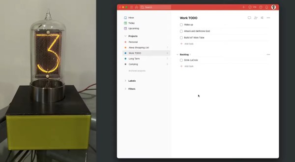 A nixie tube next to a screenshot of a to-do list